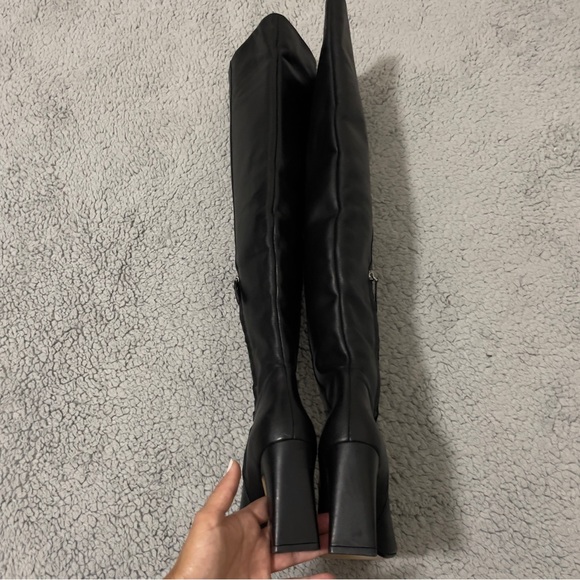 ZARA BLACK LEATHER OVER THE KNEE BOOTS ZIP & BLOCK HEEL Size US-7 / EU 37 - Picture 10 of 16